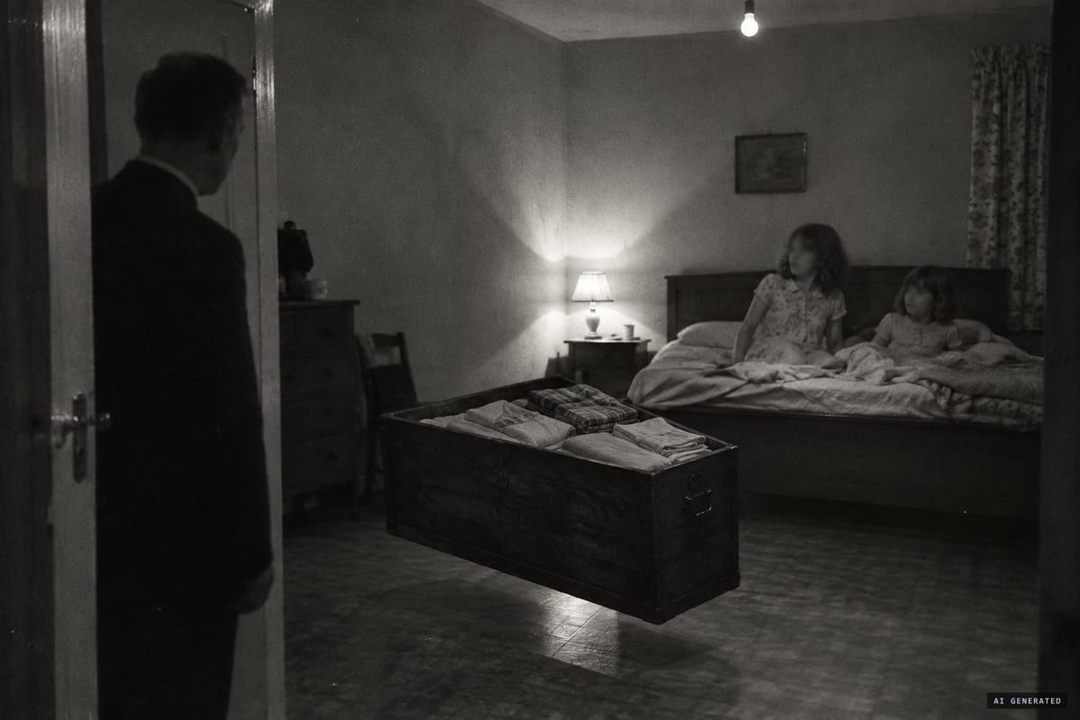 Sauchie, Scotland, November 1960: a linen chest reportedly rocks, rises and slides eighteen inches across the bedroom floor near 11-year-old Virginia Campbell as the local minister looks on.