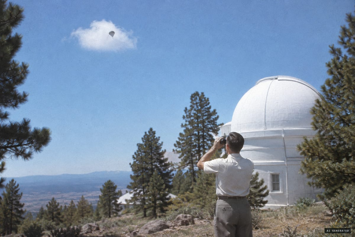 Lowell Observatory, Flagstaff, Arizona, May 20, 1950: meteorologist Seymour Hess watches a small wingless sphere, which he estimated at 3 to 5 feet across, turn dark as it passes in front of a cumulus cloud.