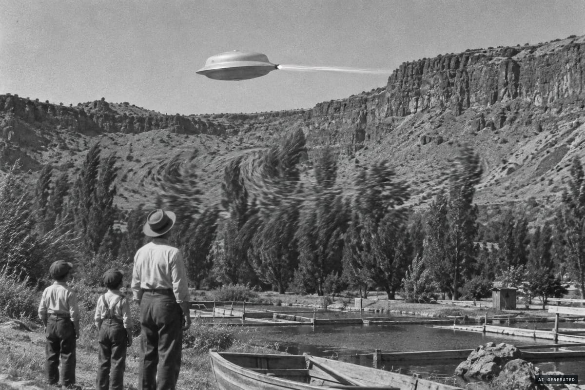 August 13, 1947, near Twin Falls, Idaho: A.C. Urie and his sons watch a pale blue domed disc with a red fiery glow skim 75 feet above the Snake River Canyon floor.