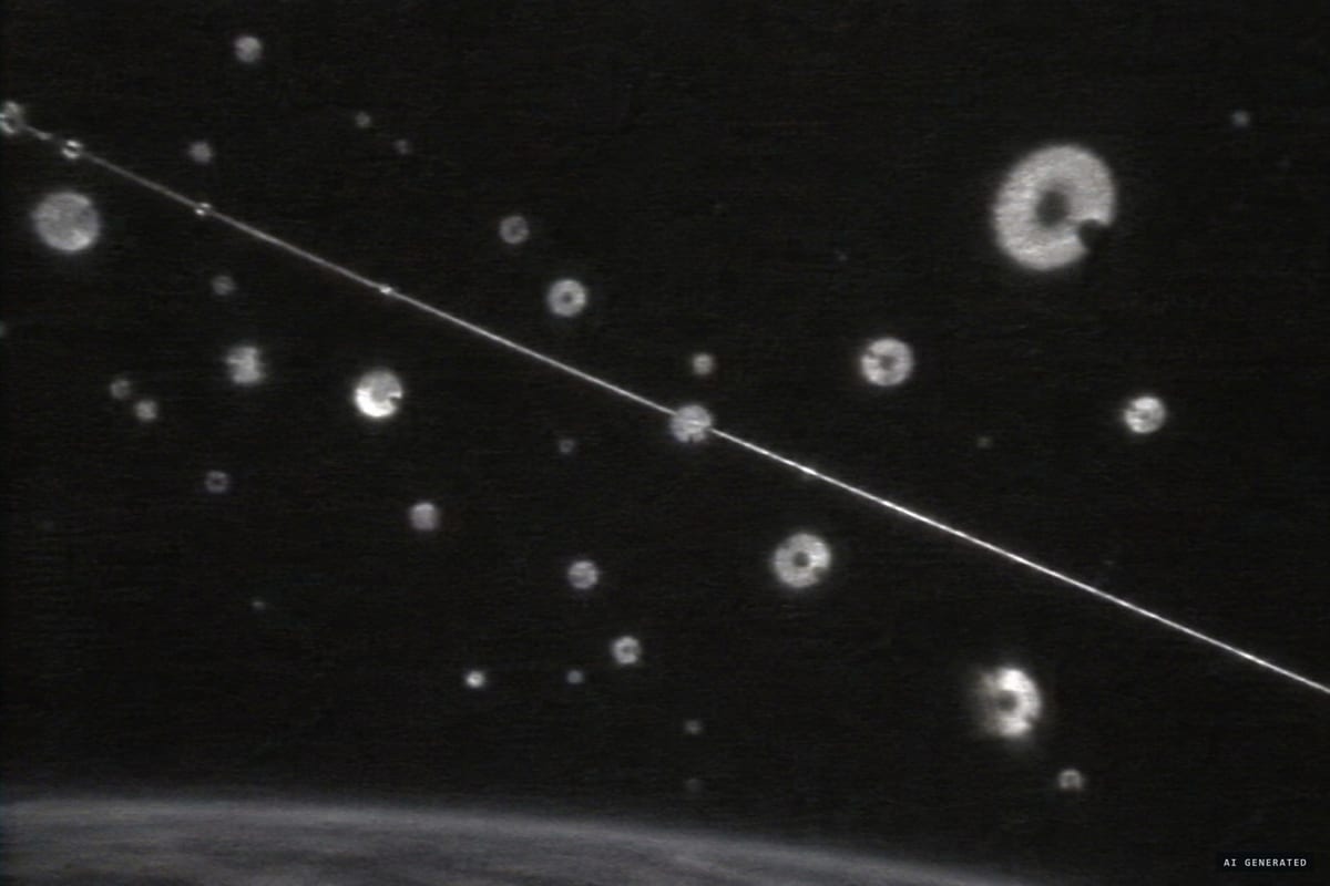 February 1996: Columbia's low-light camera films dozens of notched, pulsing discs of light drifting around the broken 12-mile STS-75 tether.
