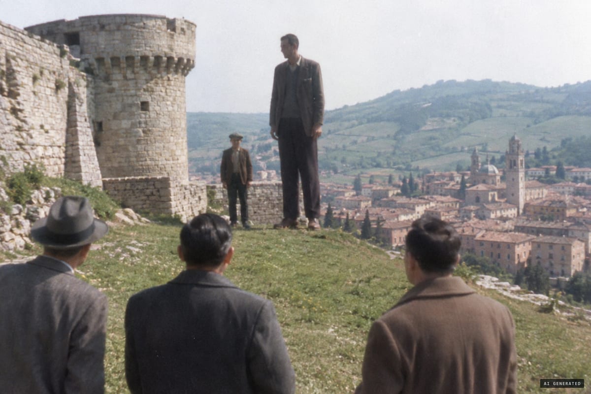 Spring 1956, Fortezza Pia, Ascoli Piceno: Bruno Sammaciccia and two friends said two human-looking beings came out from behind the fortress, one just over a metre tall and one about three metres, and called themselves "Amici" (Friends).