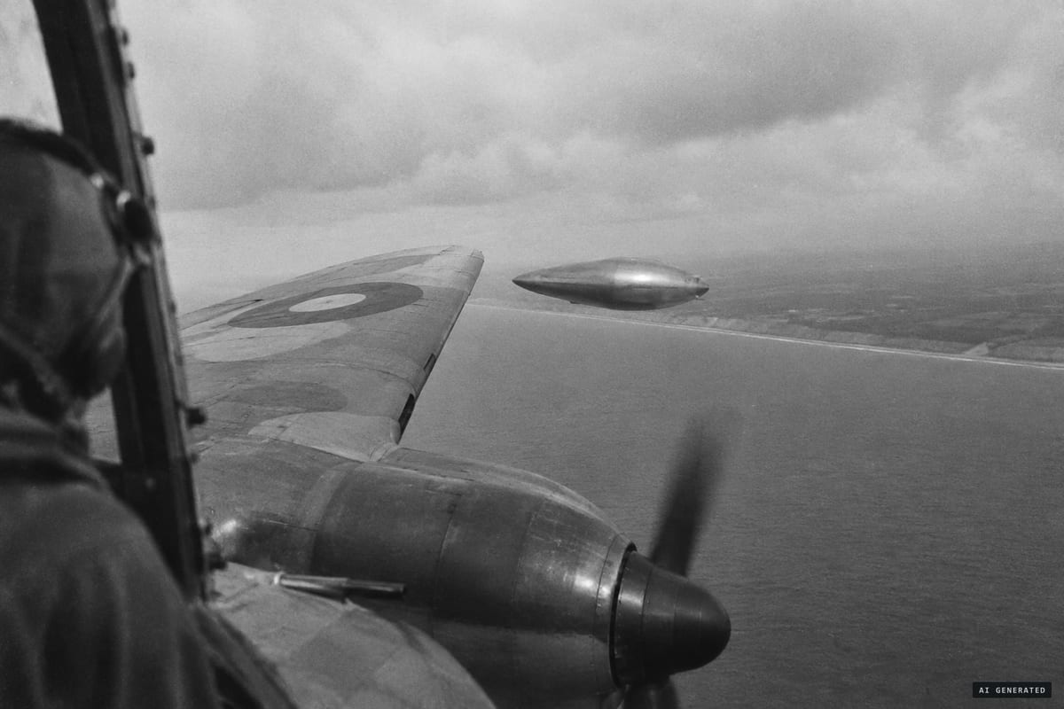 1944, off the English coast: an RAF reconnaissance crew reportedly sees a silent metallic object match their aircraft's speed and hover alongside before vanishing, in a story later tied to an alleged Churchill cover-up.