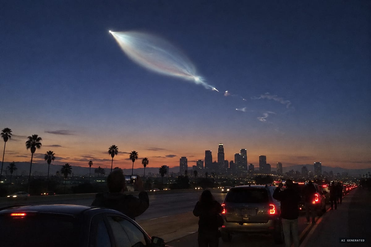 December 22, 2017, Los Angeles: motorists on the 405 Freeway stop to watch a bright object and its expanding, glowing, jellyfish-like plume cross the twilight sky, later identified as SpaceX's Falcon 9 Iridium-4 launch from Vandenberg.