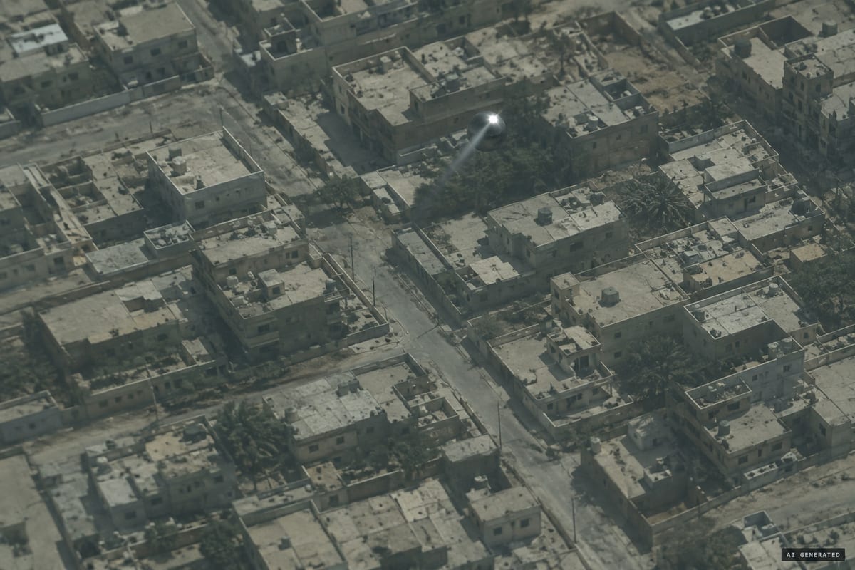 Mosul, Iraq, April 16, 2016: a US MC-12 reconnaissance aircraft films a shiny, wingless metallic sphere crossing sideways above the city's rooftops without losing altitude.