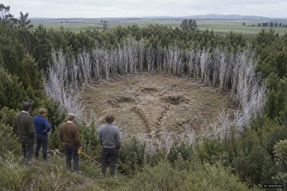 Ngātea, New Zealand, September 1969: a perfectly round, 56-foot ring of dead, silver-bleached mānuka on the O'Neill farm, with three tripod-like depressions in a triangle at its centre.
