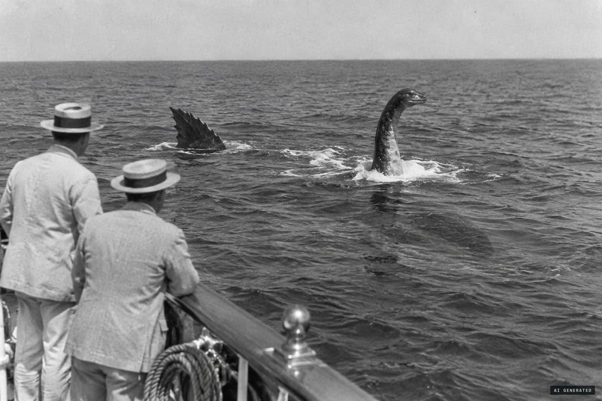 7 December 1905, off Paraíba, Brazil: naturalists Meade-Waldo and Nicoll watch an eel-like neck with a turtle-like head rise in front of a large dark fin about 100 yards from the yacht Valhalla.