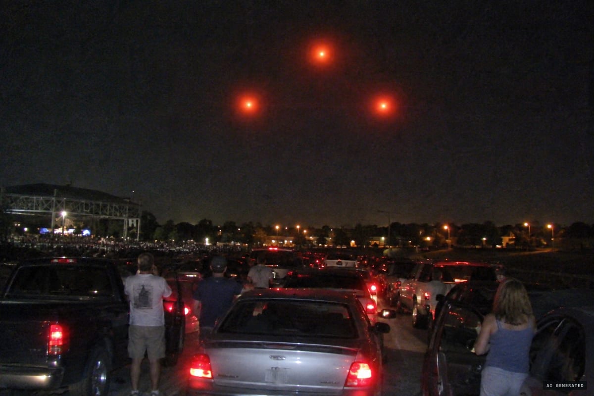 Tinley Park, Illinois, August 21, 2004: witnesses leaving Ozzfest watch three silent red lights hover in a triangle formation over the south suburbs.