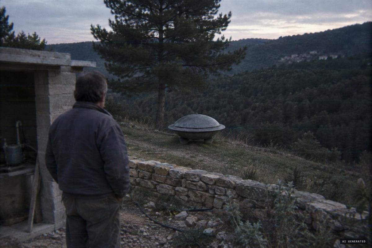 Trans-en-Provence, France, January 8, 1981, about 5 pm: Renato Nicolaï reported that a lead-coloured device shaped like two saucers, about 2.5 m across, came down with a faint whistle and rested briefly on a terrace below him before lifting off toward the forest.