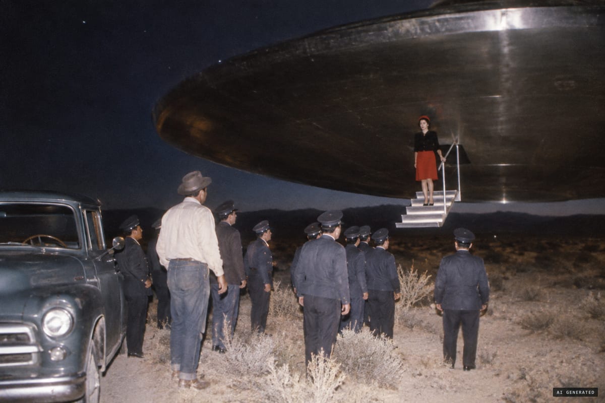 Mormon Mesa, Nevada, 1952: Truman Bethurum said small uniformed men led him to a silent 300-foot steel disc hovering over the desert, where its captain, Aura Rhanes of the planet Clarion, was waiting.