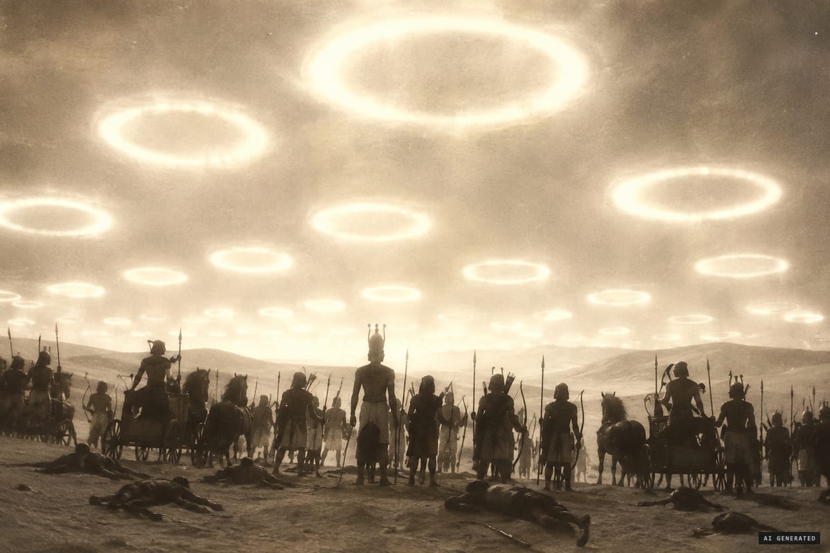 The "circles of fire" of the Tulli Papyrus as described in its 1953 translation: in Thutmose III's 22nd year, fire circles brighter than the sun hover silently over the king and his army before rising toward the south.