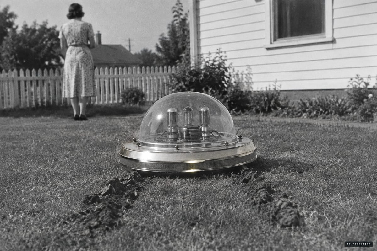 Twin Falls, Idaho, July 11, 1947: a small domed 'flying saucer' found on the Thompson lawn, later confessed to be a hoax built by four local teenagers.