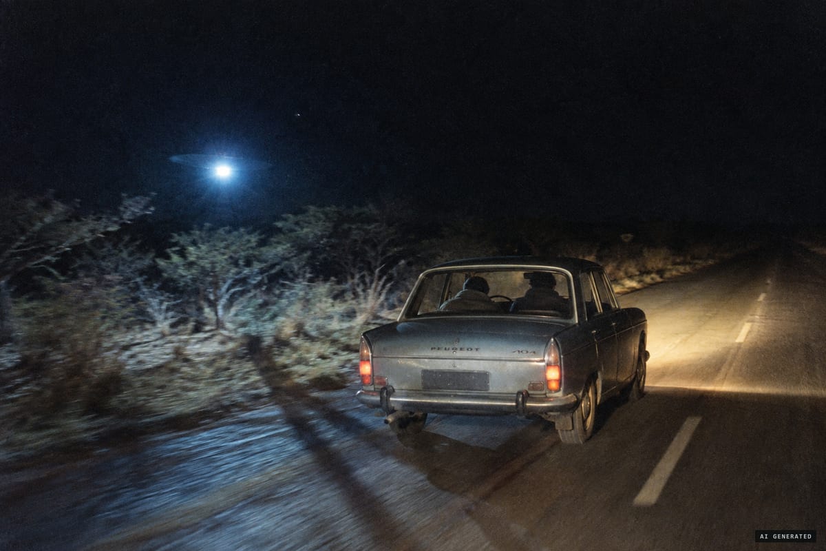 South of Umvuma, Rhodesia, 31 May 1974: a bluish light, on for five seconds and off for two, paces a couple's Peugeot on the road to Beit Bridge.