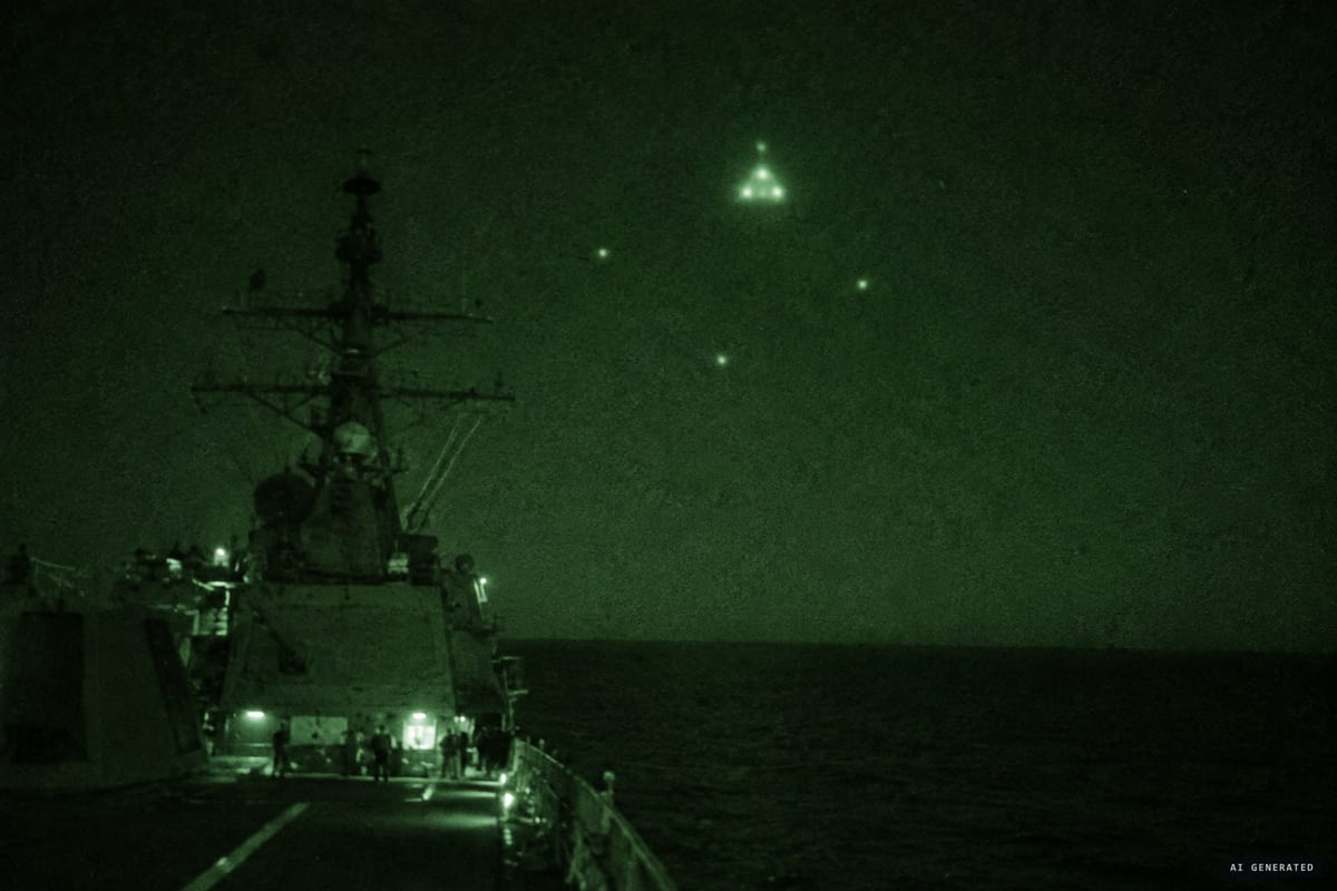 July 2019, off San Diego: Navy personnel aboard USS Russell film blinking pyramid-shaped lights hovering about 700 feet above the destroyer.