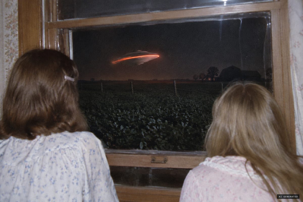 Van Horne, Iowa, July 12, 1969: Patti Barr and Kathy Mahr watch a car-sized gray disc with an orange-red rim spin counterclockwise over the Barr family's soybean field.