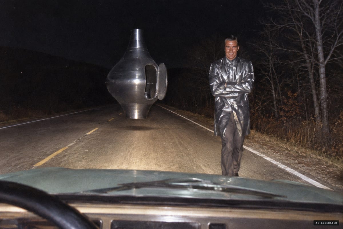 Woodrow Derenberger's reported encounter with 'Indrid Cold' on Interstate 77 near Parkersburg, West Virginia, 2 November 1966: a lamp-shaped charcoal craft and a smiling man in a glossy metallic coat.