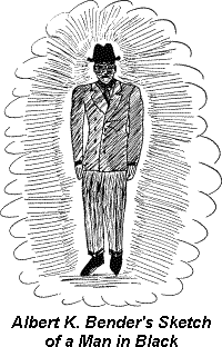 Albert K. Bender's own sketch of one of the Men in Black, from Flying Saucers and the Three Men (1962)