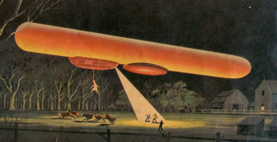 Modern illustration of an airship lifting a cow, inspired by the Hamilton story
