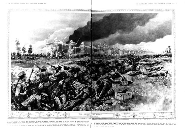 Illustrated London News Christmas number, 29 November 1915: "The Ghostly Bowmen of Mons fight the Germans", from a drawing by A. Forestier
