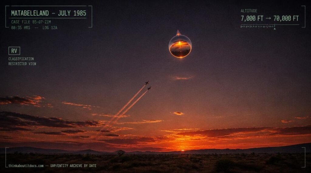 Illustration of the 1985 Air Force of Zimbabwe jet interception. This is artwork, not a photograph.