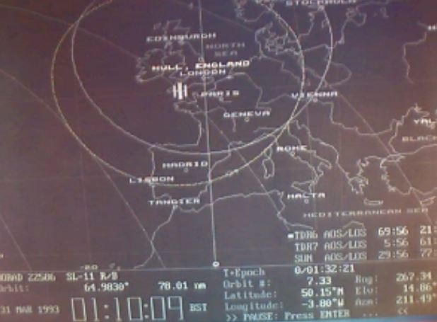 Gary Anthony's computer simulation of the Cosmos 2238 rocket body re-entry at about 01:10 BST on 31 March 1993