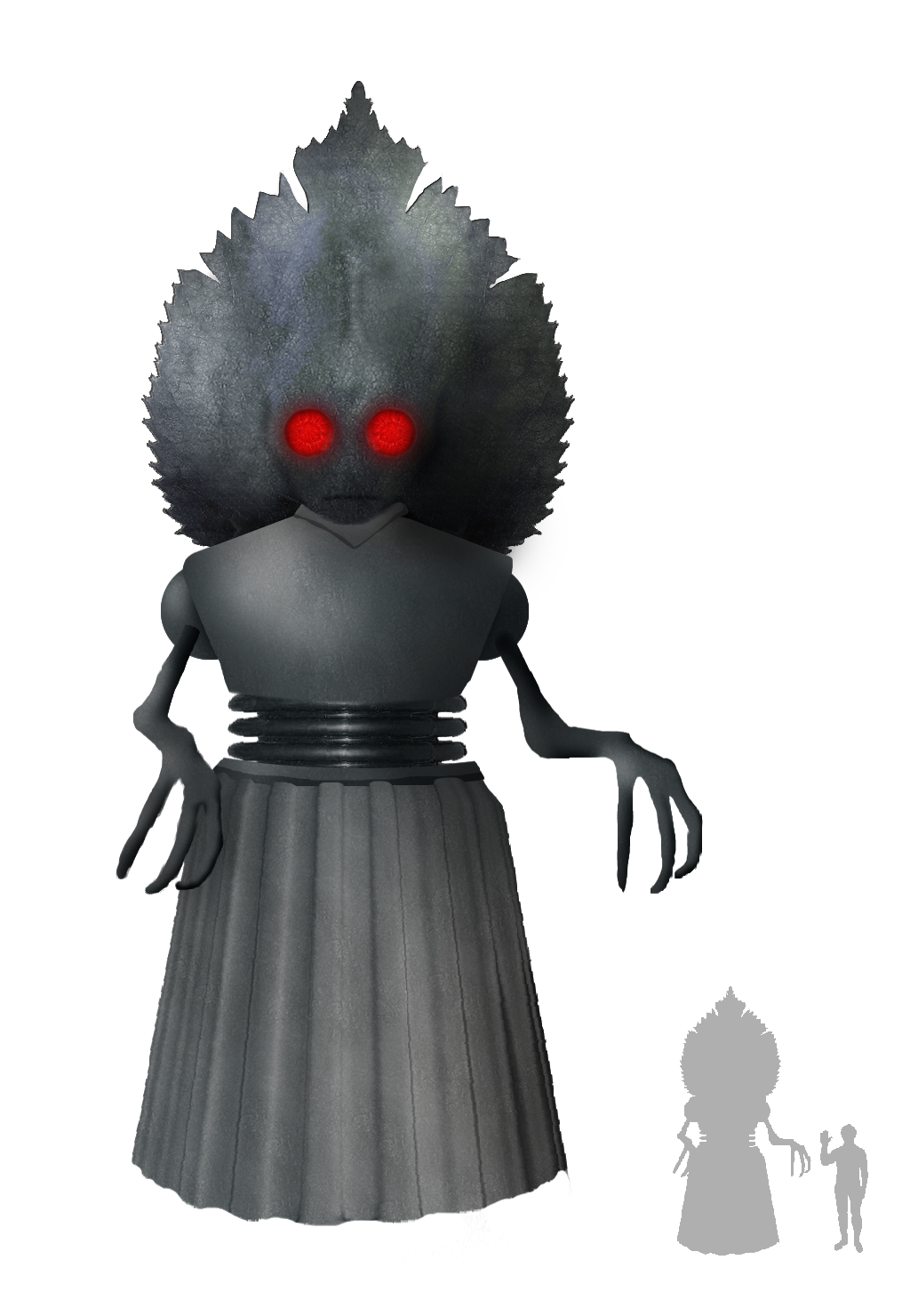 Modern artist's impression of the Flatwoods monster next to a human for scale.