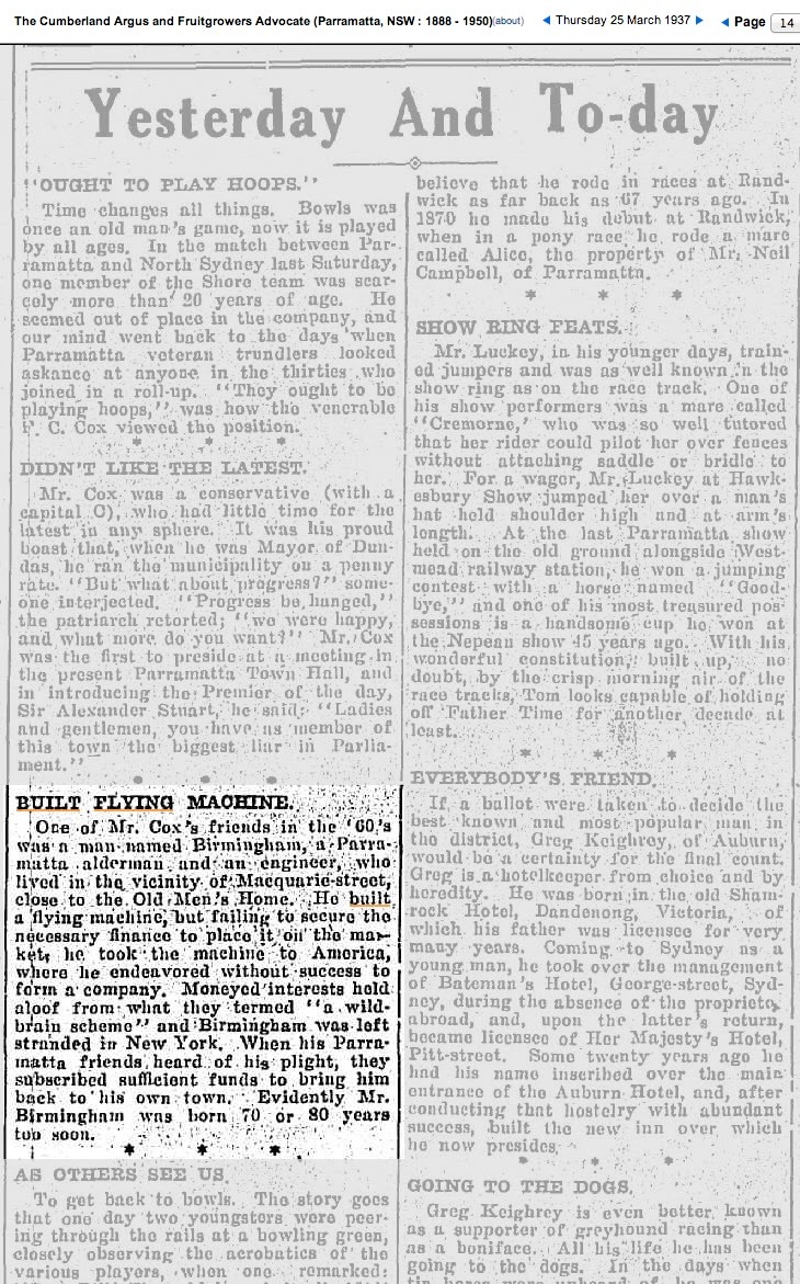 1937 newspaper item on the Birmingham flying machine