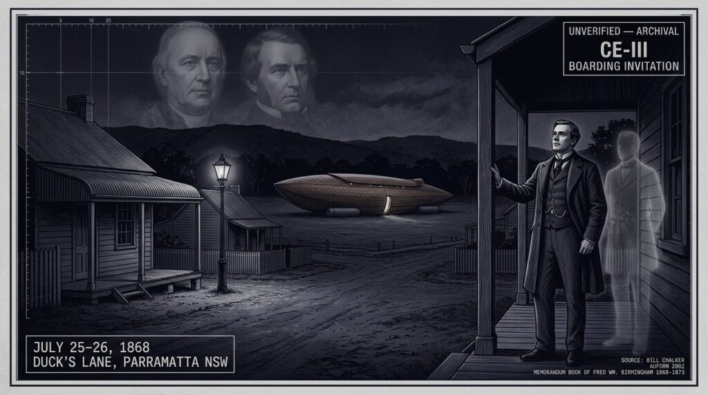 Modern illustration of Birmingham on his veranda with the spirit and the ark. Not evidence.