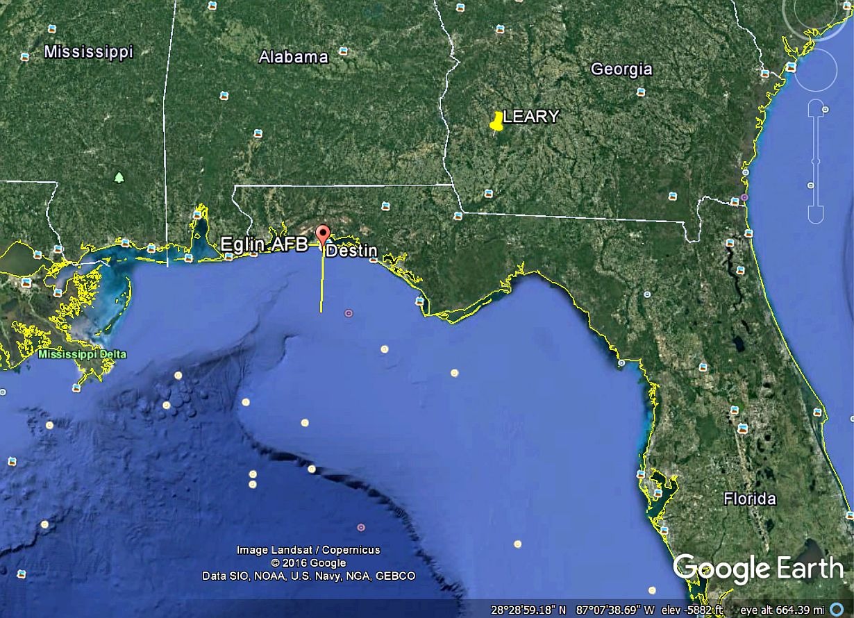 Map showing the location of Leary, Georgia, and the path of the rockets
