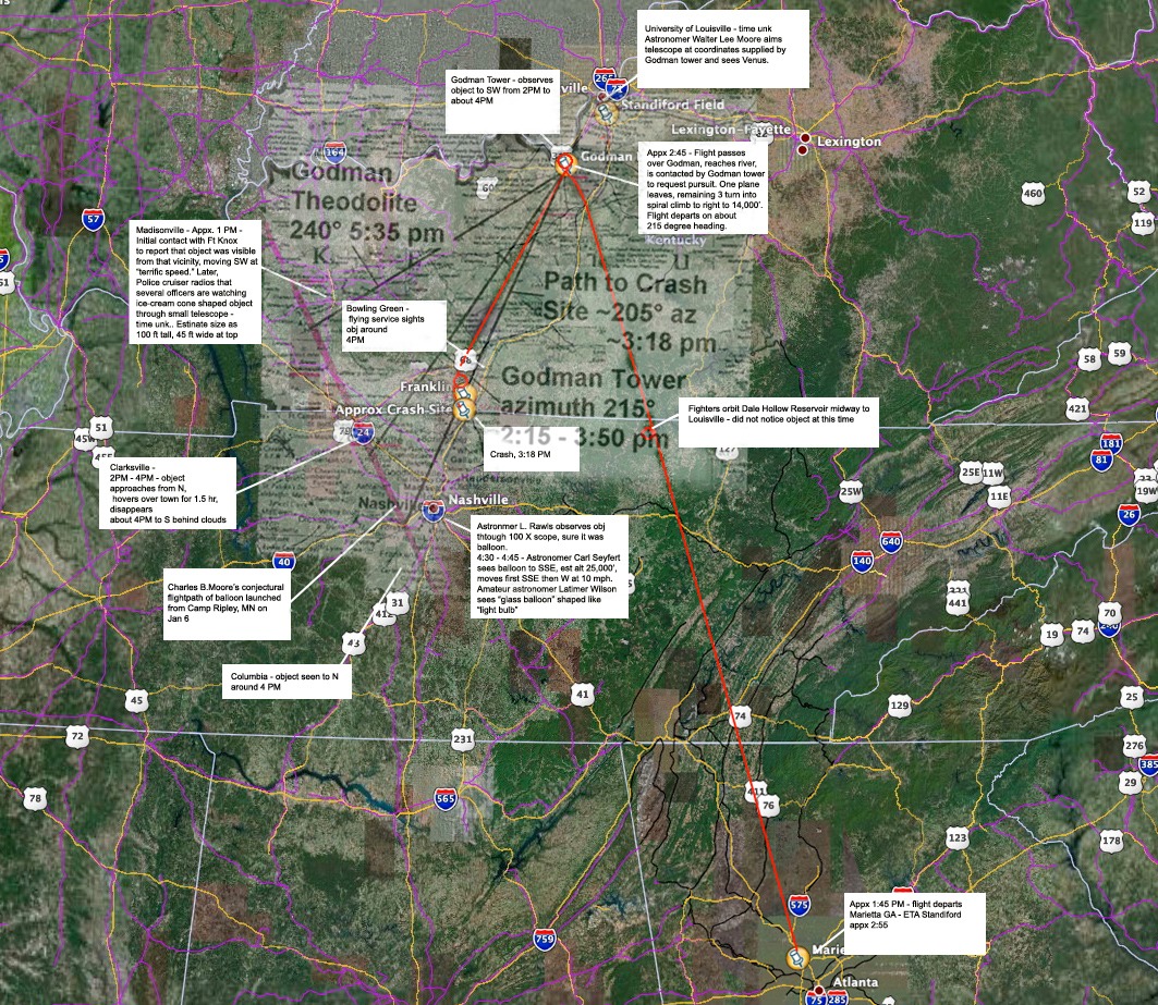 Map overlay of the 7 January 1948 sightings