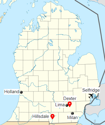 Map of the March 1966 sightings at Lima, Milan, Dexter, Hillsdale and Holland