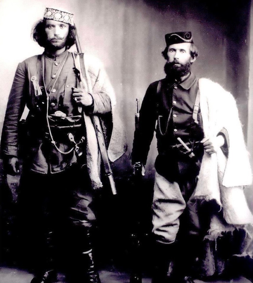 Albanian patriots and guerrilla fighters Çerçiz Topulli and Mihal Grameno during the anti-Ottoman revolt in Gjirokastër, in 1908 or 1909