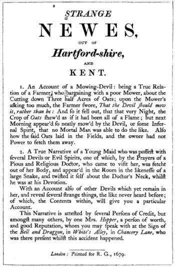 The 1679 edition, Strange newes out of Hartfordshire and Kent