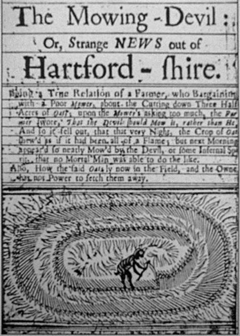 Title page of The Mowing-Devil (1678) with its woodcut of the devil mowing oats in rings