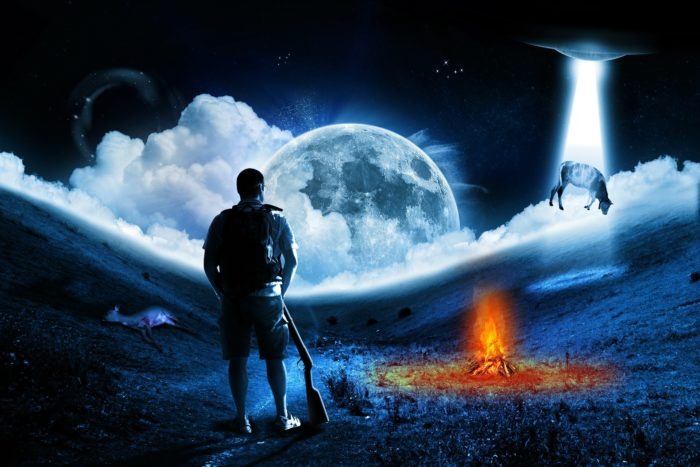 Stock illustration of a cow being abducted, used by UFO Insight