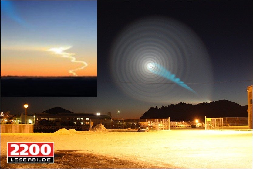 Inset said to show the rocket's boost phase below the spiral (Spaceweather's reading, unconfirmed).