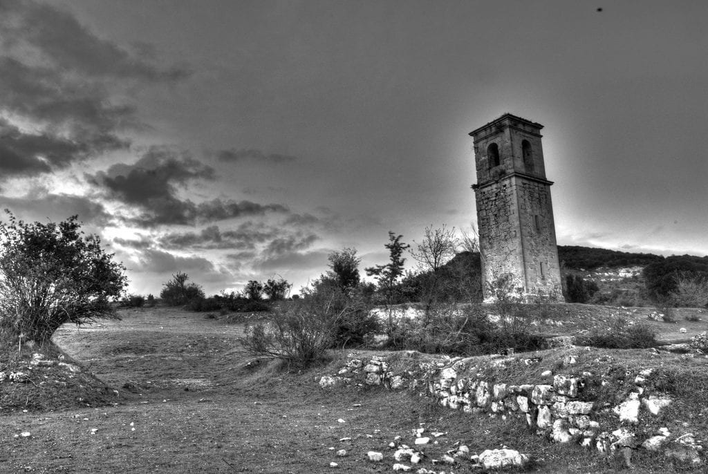 Later photograph of the ruined tower of San Miguel at Ochate.