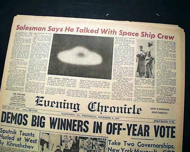 Evening Chronicle (Allentown), 6 November 1957, banner "Salesman Says He Talked With Space Ship Crew"