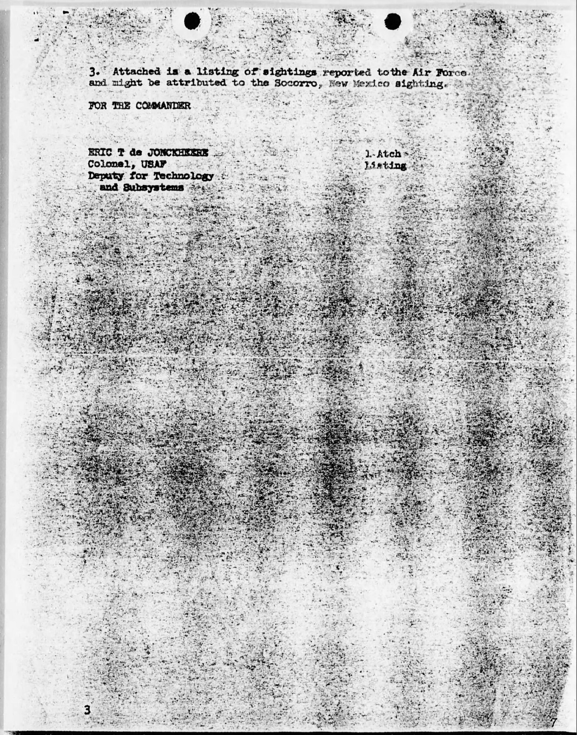 Air Force memorandum from Col. Eric T. de Jonckheere forwarding a list of sightings that might be attributed to the Socorro event.