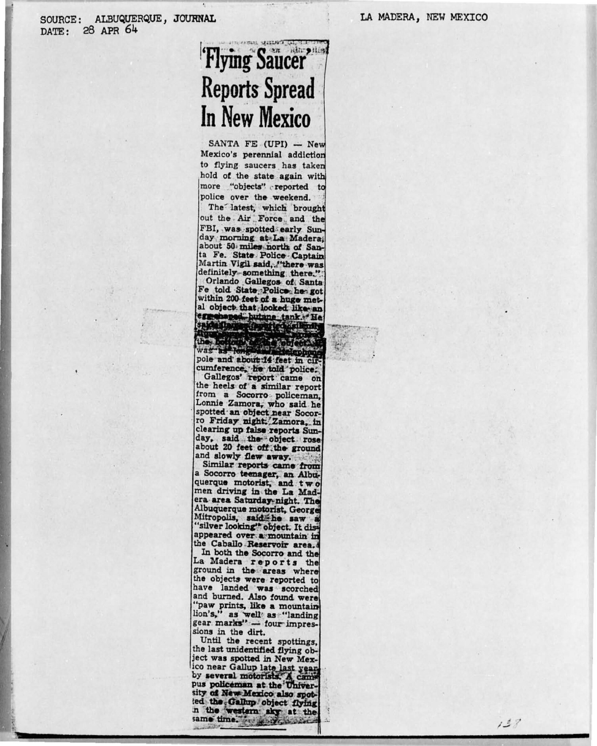 Albuquerque Journal, 28 April 1964 (UPI): "Flying Saucer Reports Spread In New Mexico", placing the Zamora sighting alongside the La Madera report two days later.