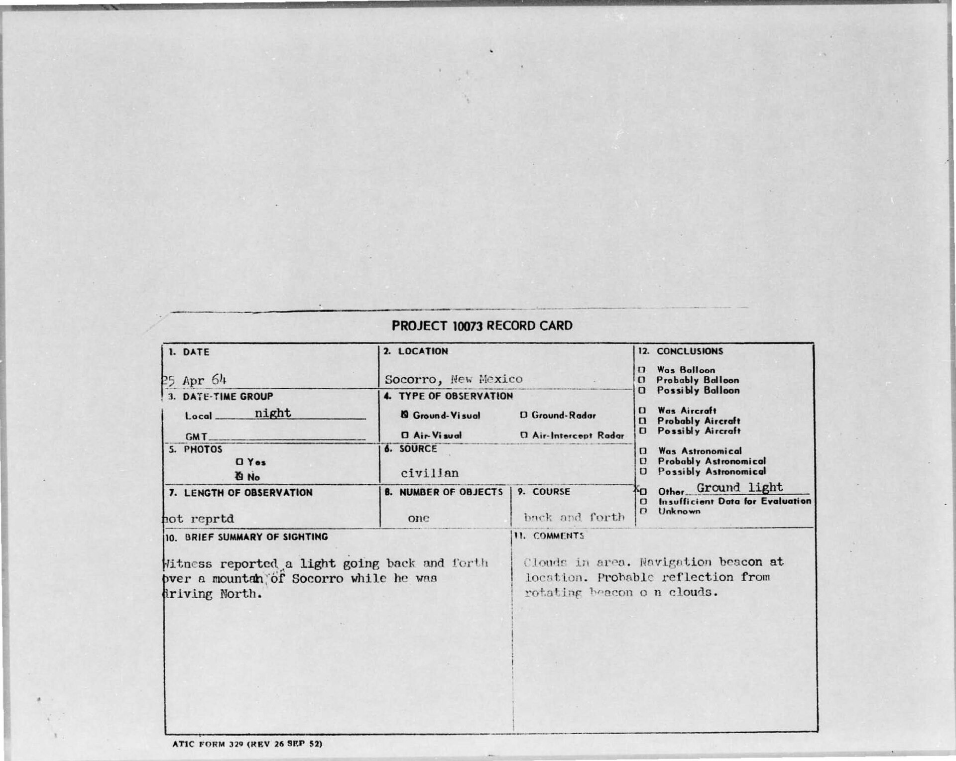 Project Blue Book record card from the Socorro case file for a related 25 April 1964 "ground light" report, evaluated as a rotating beacon reflecting off clouds.