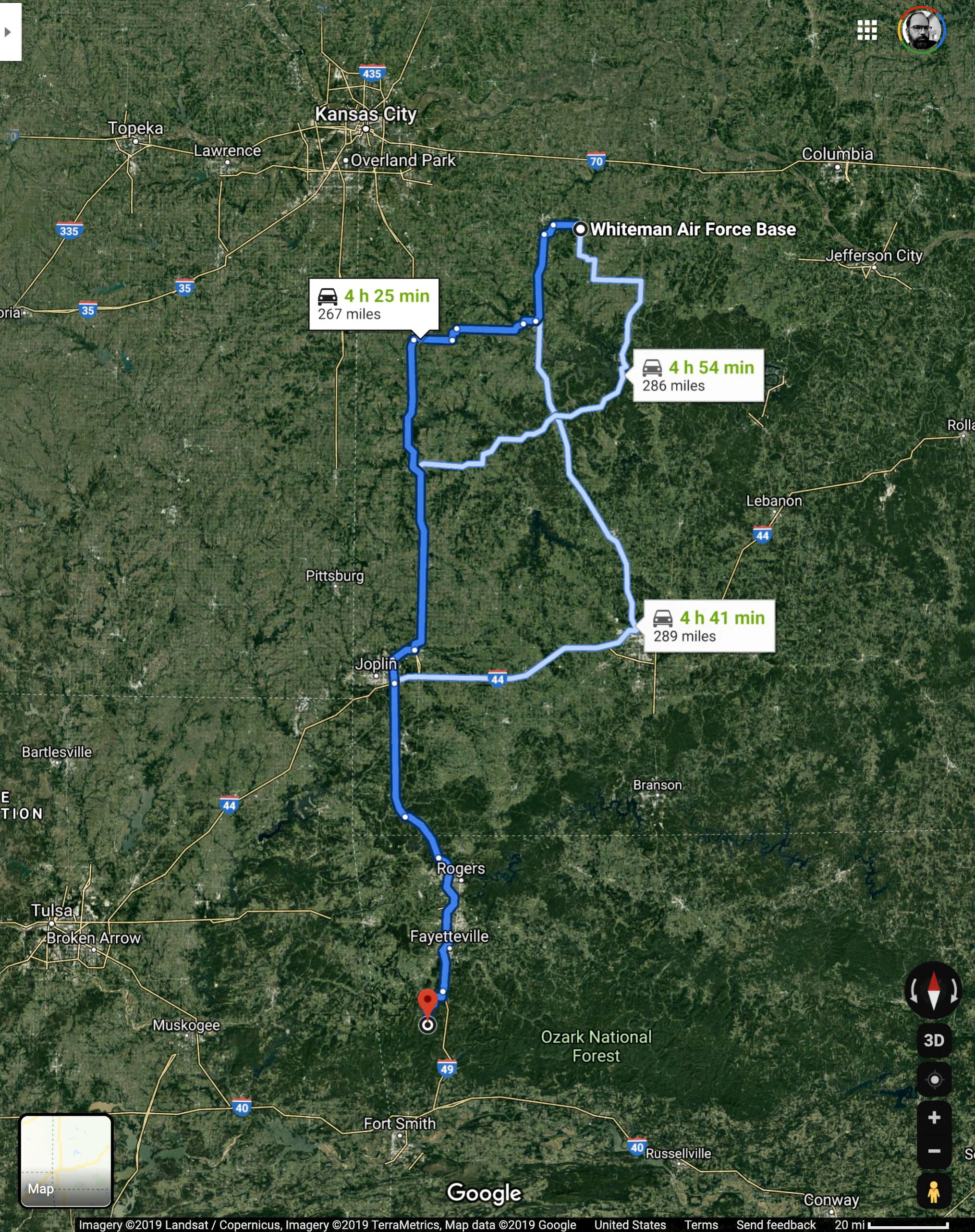 Map of the route from Whiteman AFB to Devil's Den