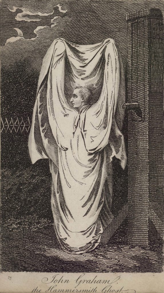 John Graham, the Hammersmith Ghost, 1804 print of the self-confessed hoaxer in costume (LDORL 01822)