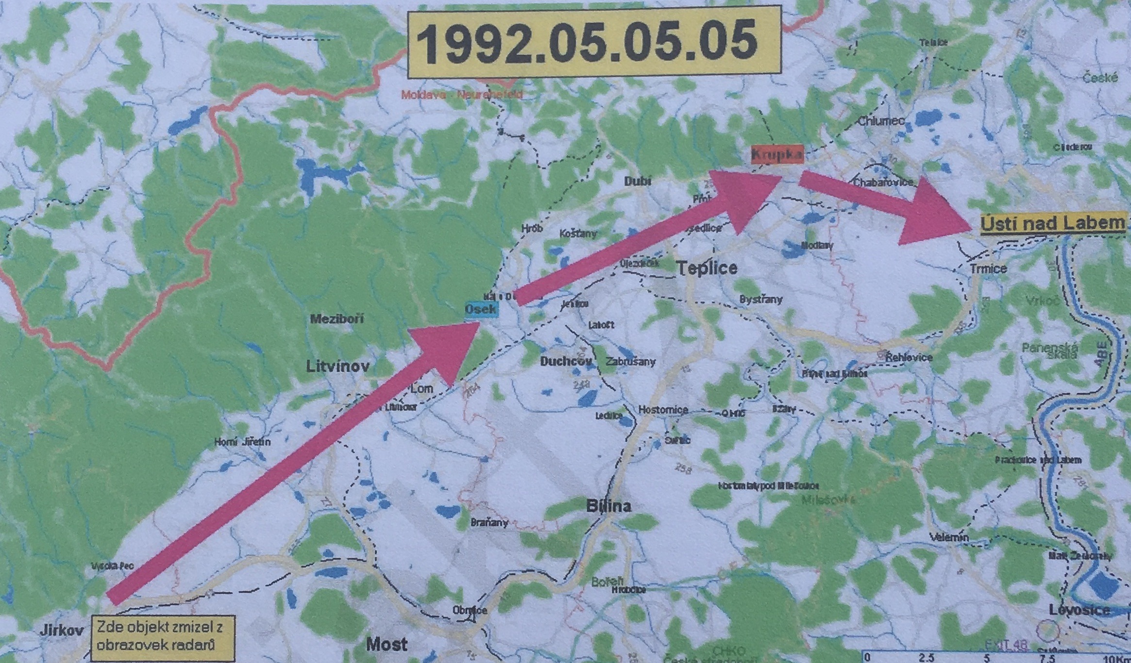 Possible route of the unknown object after it disappeared from radar near Jirkov, 5 May 1992 (caption to be verified).