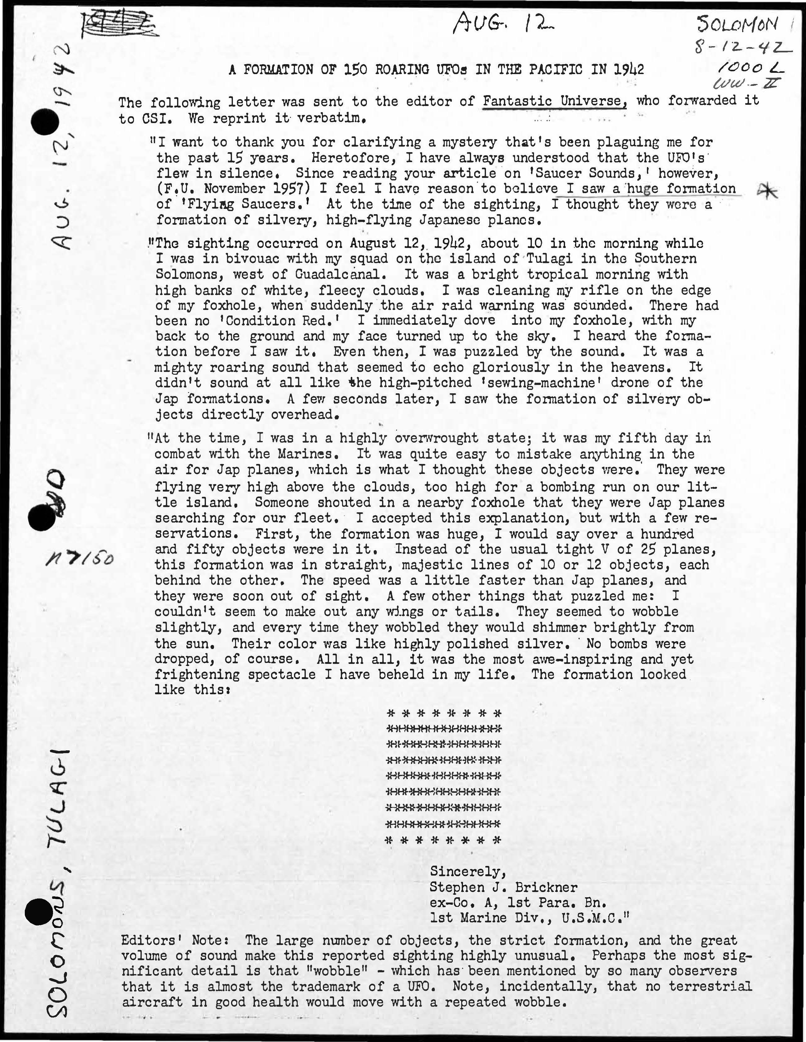 "A Formation of 150 Roaring UFOs in the Pacific in 1942", file page from the Richard F. Haines papers