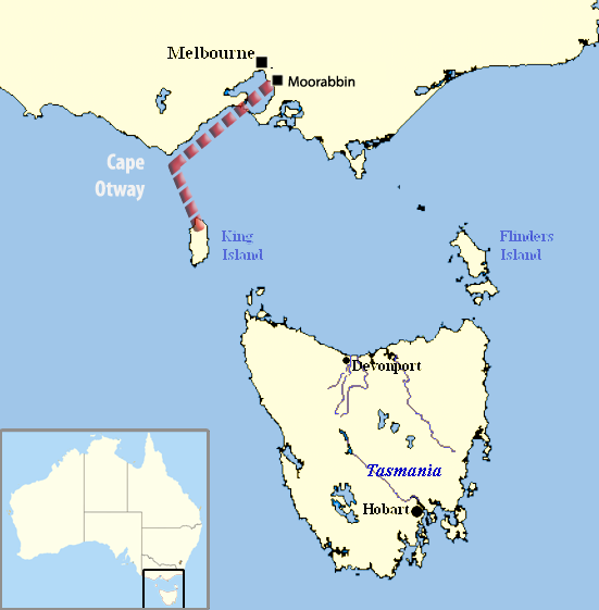 Map of the planned route from Moorabbin to King Island across Bass Strait.