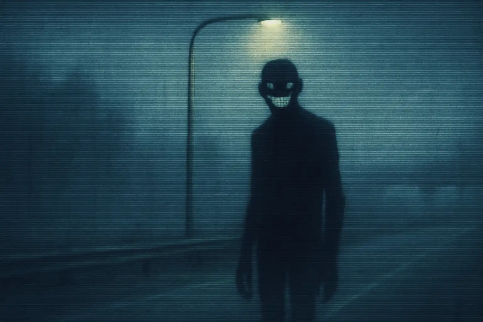 Artistic impression of a grinning figure; not a photograph