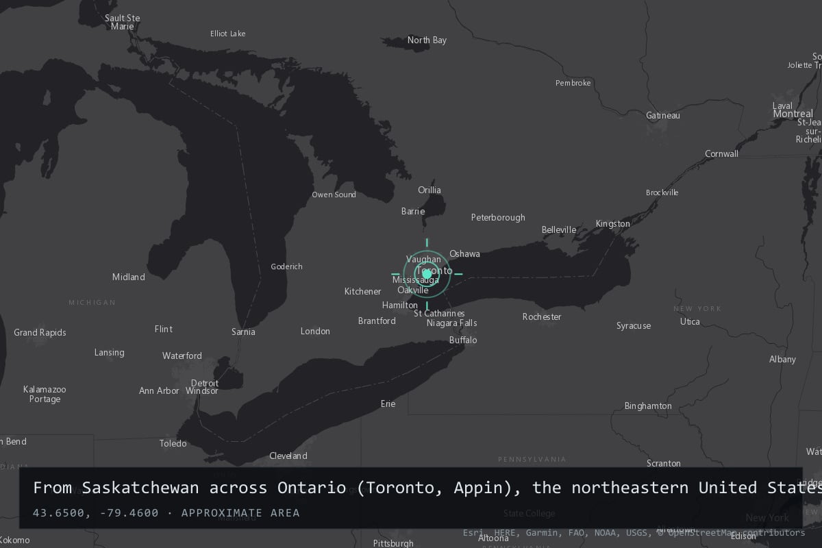 Where it happened: From Saskatchewan across Ontario (Toronto, Appin), the northeastern United States and Bermuda to the South Atlantic, Canada