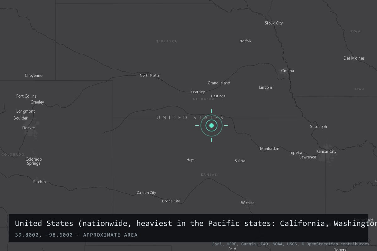 Where it happened: United States (nationwide, heaviest in the Pacific states: California, Washington and Oregon), United States