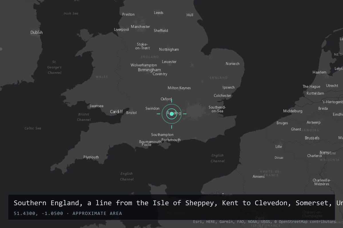 Where it happened: Southern England, a line from the Isle of Sheppey, Kent to Clevedon, Somerset, United Kingdom