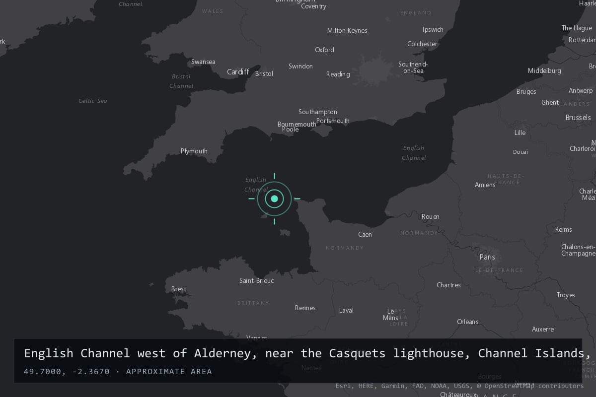 Where it happened: English Channel west of Alderney, near the Casquets lighthouse, Channel Islands, United Kingdom
